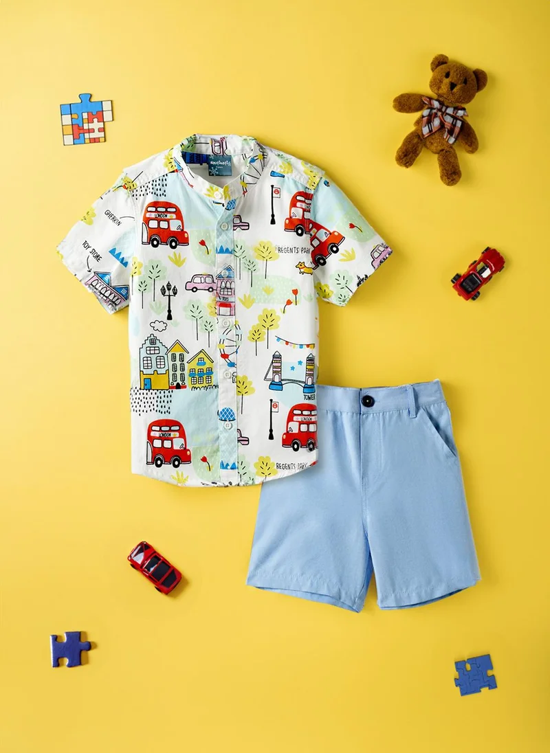 Boys' Cotton Blend City-themed with Cars, Trees, Street Lamp Elements Printed Shirt & Shorts Co-ord Set